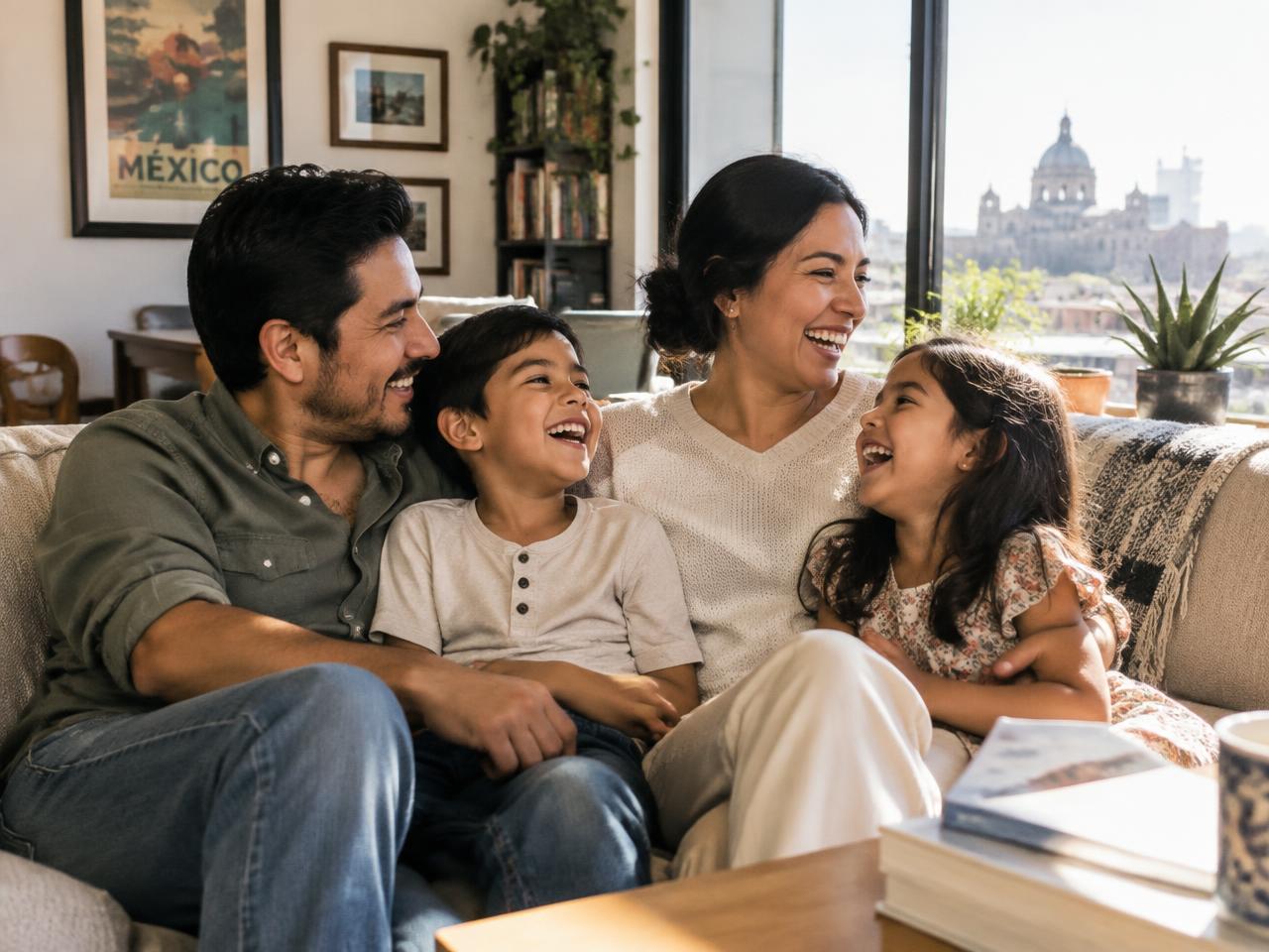 Familia mexicana sonriendo en su sala